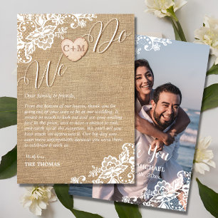 Carte De Remerciements Mariage campagnard Rustique Burlap Et Dentelle