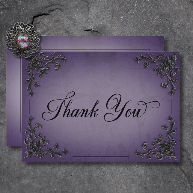 Carte De Remerciements Mariage cardiaque gothique noir et violet (Gothic Black & Purple Filigree Heart Wedding Thank You Card)