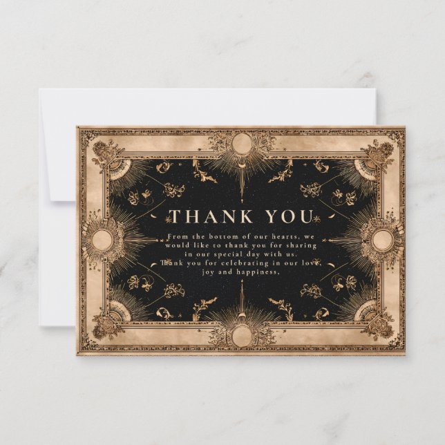 Carte De Remerciements Mariage céleste baroque noir et or (Devant)