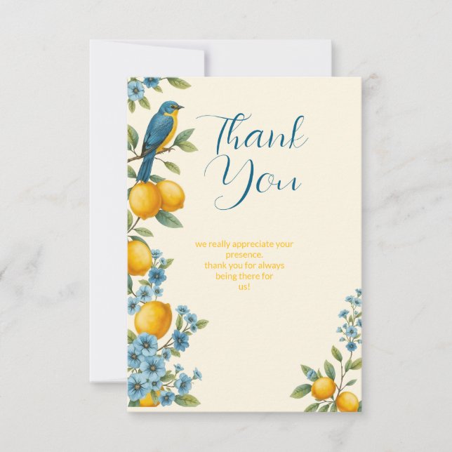 Carte De Remerciements Mariage champêtre de citron et d'hirondelle bleue (Devant)