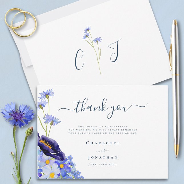 Carte De Remerciements Mariage Champêtre Moderne (Stylish Blue floral wedding thank you card with wildflowers
)