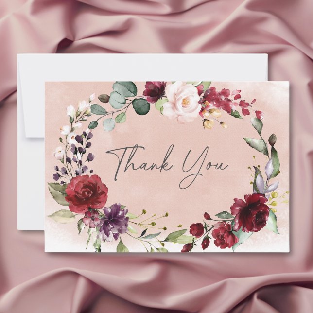 Carte De Remerciements Mariage champêtre : roses Bourgogne et rose pâle (Rustic Burgundy & Blush Pink Roses Bridal Shower Thank You Card)