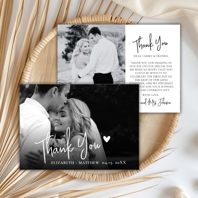 Carte De Remerciements Mariage Chic Photo Script Noir et Blanc 2 (Créateur téléchargé)