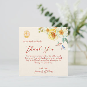 Carte De Remerciements Mariage chinois jaune floral oiseau élégant