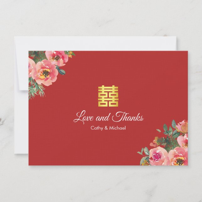 Carte De Remerciements Mariage chinois moderne à fleurs de pivoine rouge (Devant)