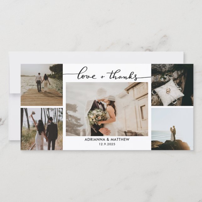 Carte De Remerciements Mariage Cinq Photos Love and Thanks Script (Devant)