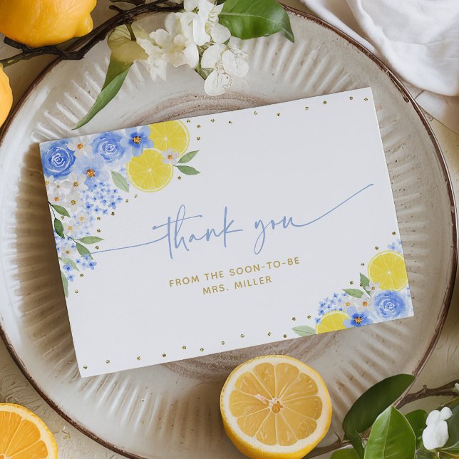 Carte De Remerciements Mariage civil de Squeeze Floral Bleu au Citron (Créateur téléchargé)