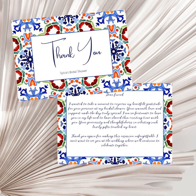 Carte De Remerciements Mariage civil en carreaux de faïence mexicains ble (Blue Mexican Portuguese azulejo talavera colorful tiles Mediterranean bridal shower Thank You Cards)