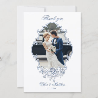 Carte De Remerciements Mariage Classique Élégant Cadre Floral Bleu Poussi