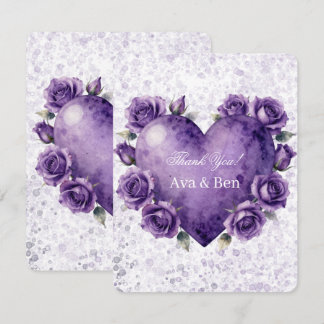 Carte De Remerciements Mariage Cœur et Roses Peinture Violette