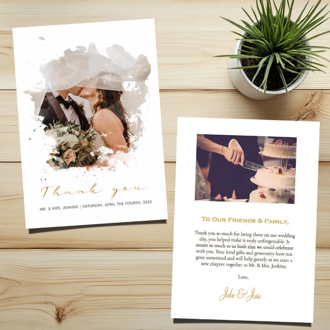 Carte De Remerciements Mariage d'aquarelle avec effet photo (Watercolor paint photo effect, gold "Thank you" wedding card with 2 photos and message)