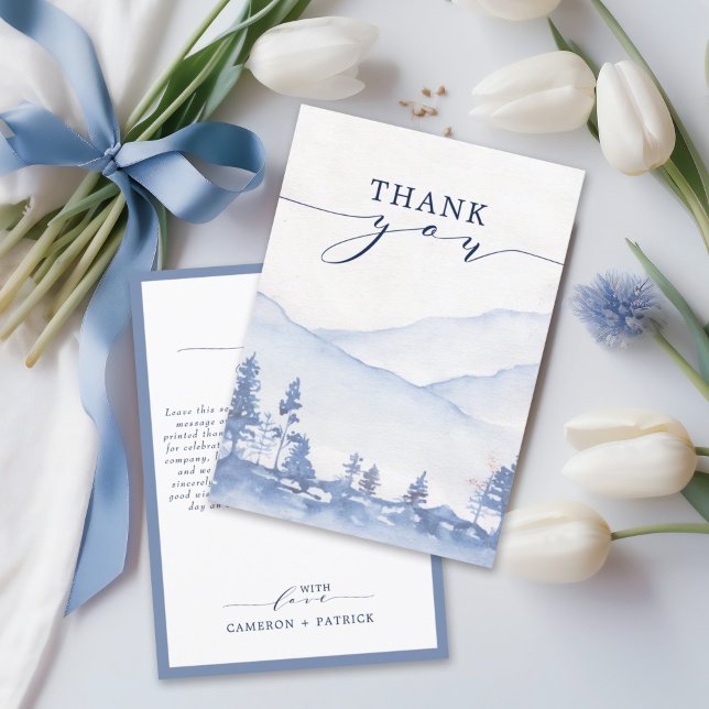 Carte De Remerciements Mariage d'aquarelle Blue Mountain (This design with tranquil hues of blue, effortlessly captures your sincere expressions of gratitude.)