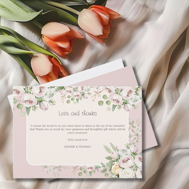 Carte De Remerciements Mariage d'aquarelle fleurie rose duveteuse (Créateur téléchargé)