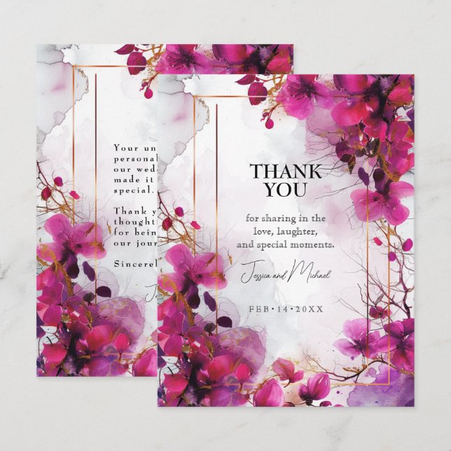 Carte De Remerciements Mariage d'aquarelle Fuchsia (Devant / Derrière)