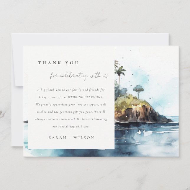 Carte De Remerciements Mariage d'aquarelle Seascape Palm Tree Island (Devant)