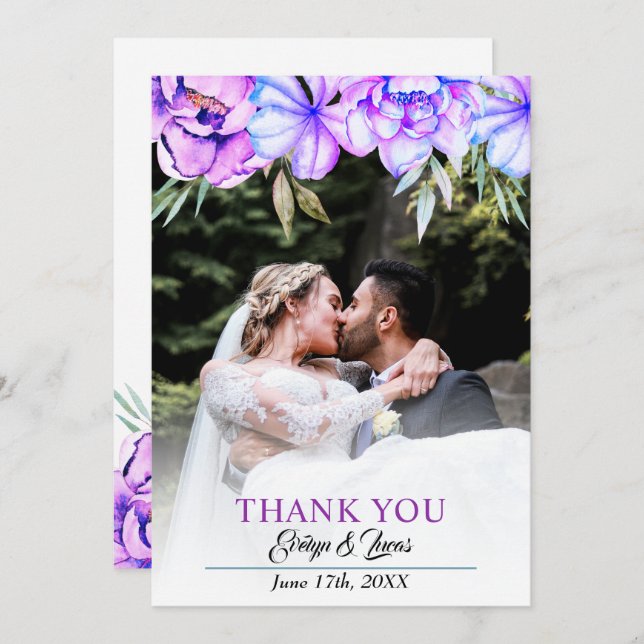 Carte De Remerciements Mariage de automne fleuri à l'aquarelle violette (Devant / Derrière)