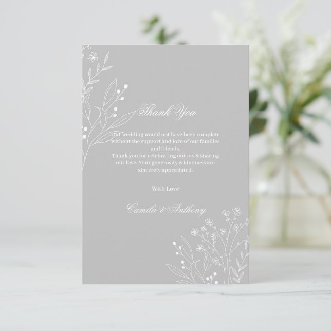 Carte De Remerciements Mariage de Boho Floral à Coin Blanc Argent (Debout devant)