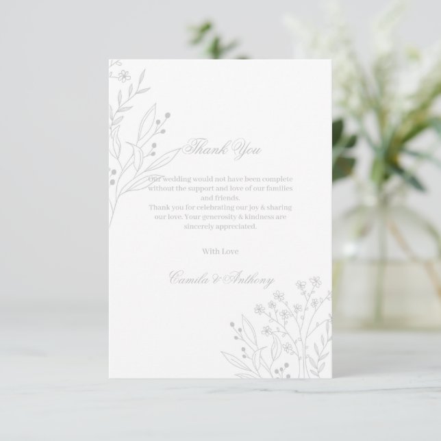 Carte De Remerciements Mariage de Boho Floral Corner Argent (Debout devant)