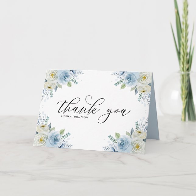 Carte De Remerciements Mariage de bouquet floral bleu clair (Devant)