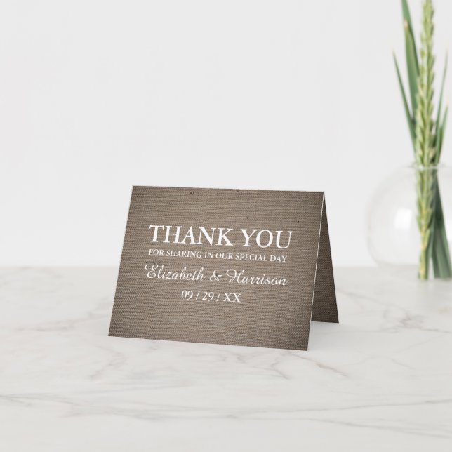 Carte De Remerciements Mariage de Burlap rustique (Devant)