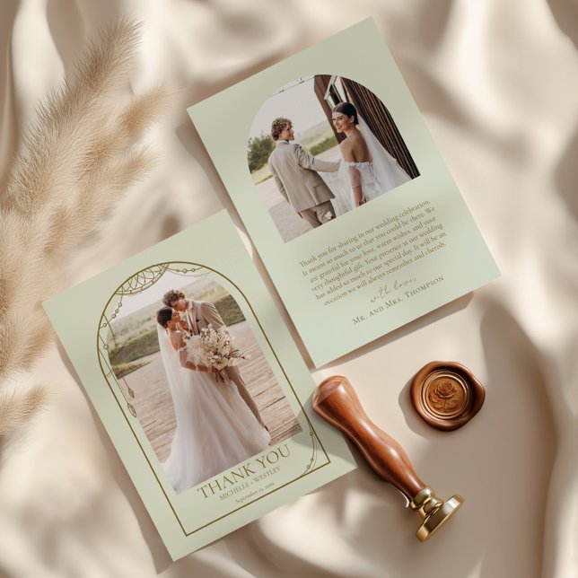 Carte De Remerciements Mariage de cadre d'arche perlé de saumon vert clai (Créateur téléchargé)