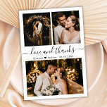 Carte de remerciements Mariage de Collage de photo<br><div class="desc">Budget, Moderne, Élégant, Lettering Mariage Trois Photo Collage Merci personnalisé abordable carte mince à petit budget. Modèle minimaliste mariage avec trois photos sur le devant et une photo sur le dos. Avec le texte "Amour et merci" dans une tourbillonnant police de script de calligraphie avec des swashes en noir sur...</div>