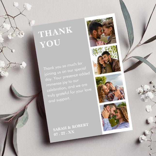 Carte De Remerciements Mariage de collection de livres photo gris et blan (Grey & White Photo Booth Collage Wedding Thank You Card)