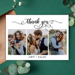 Carte De Remerciements Mariage de collection photo de script moderne<br><div class="desc">Élégant Moderne Chic Calligraphie Script 3 Photo Collage Mariage Carte de remerciements. Un mariage élégant merci modèle avec 3 photo sur le devant avec le texte "Merci" dans une main tourbillonnant fantaisie lettrage typographie script swash tail police. Carte recto-verso à l'arrière (1) photo. Personnalisez facilement votre nom et votre message...</div>