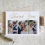 Carte De Remerciements Mariage de collection photo Gold Script Three<br><div class="desc">Gold Script Trois Photo Collage Mariage Merci plat | Envoyez nos remerciements à votre famille et à vos amis pour avoir participé à votre journée spéciale avec ce carte de remerciements de collage photo personnalisable. Il présente un script or élégant et une typographie simple. Personnalisé en ajoutant vos propres détails...</div>