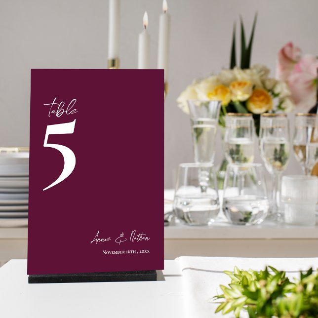 Carte De Remerciements Mariage de couleur de vin classique simple Numéro  (Simple Classic Wine Color Wedding Table Number)