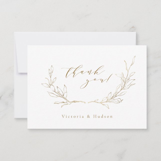 Carte De Remerciements Mariage de couronne botanique simple en or (Devant)