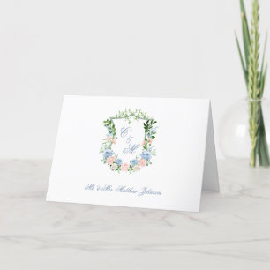 Carte De Remerciements Mariage de crête florale bleu poussiéreux