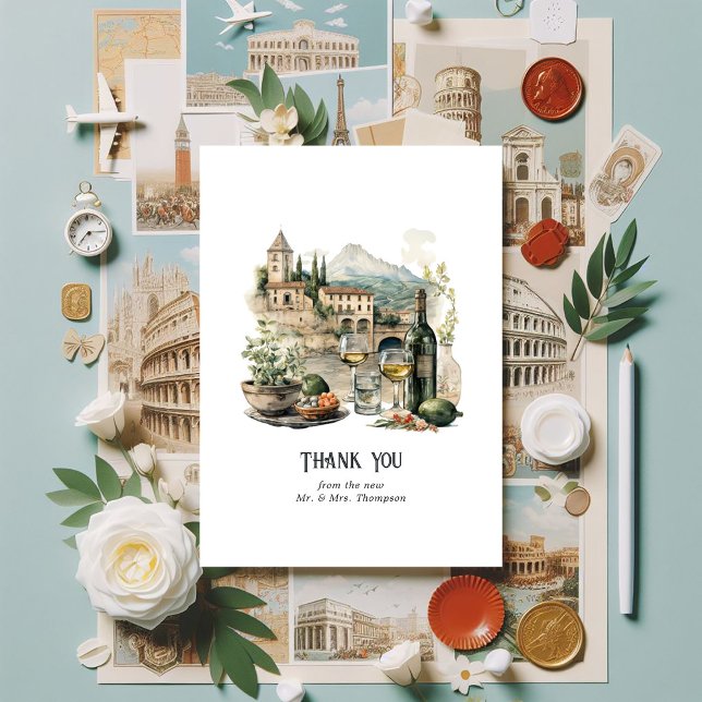Carte De Remerciements Mariage de destination en Aquarelle italienne (Italian themed Wedding)