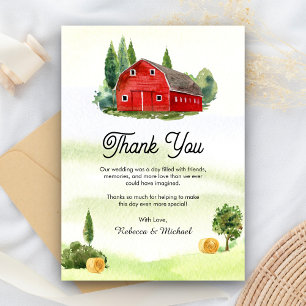 Carte De Remerciements Mariage de ferme rustique à l'aquarelle rouge gran