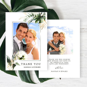 Carte De Remerciements Mariage de feuillage Tropical Photo Gold Green