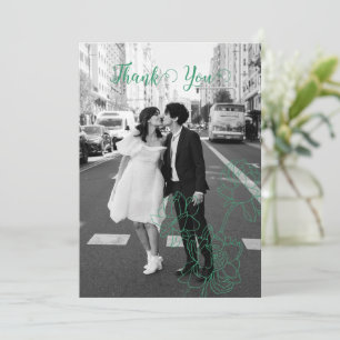 Carte De Remerciements Mariage de fleurs de pivoines à main verte