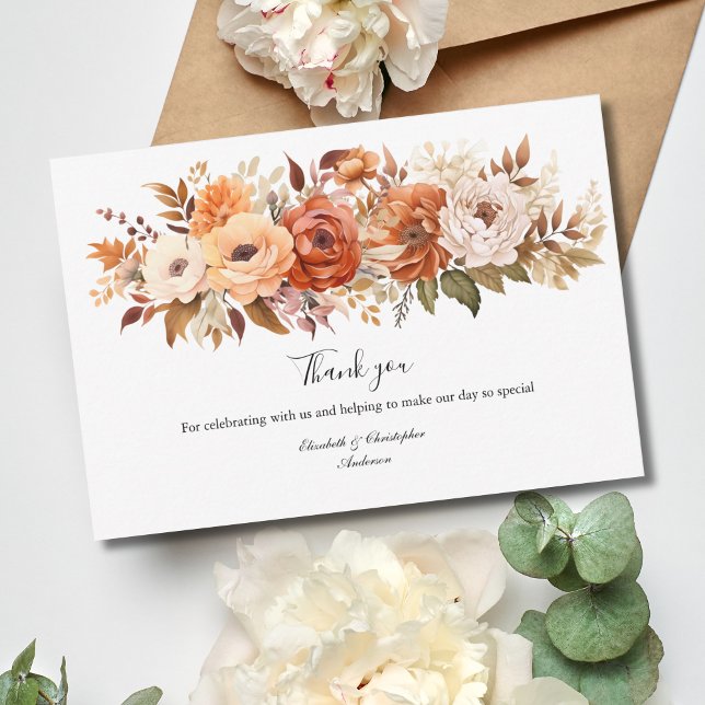 Carte De Remerciements Mariage de fleurs florales en terre cuite Boho (Terracotta and Beige Boho Florals Flowers Wedding Thank you card)