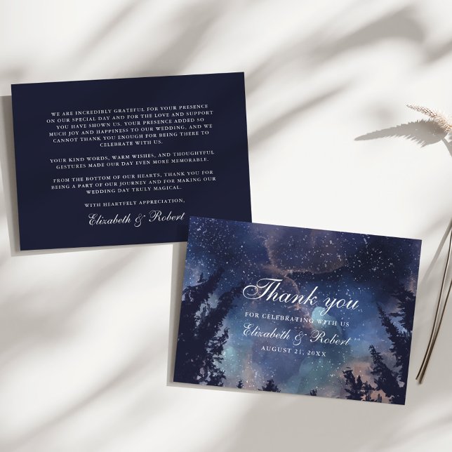 Carte De Remerciements Mariage de forêt de nuit étoilée (Starry Night Forest Wedding Thank You Card on a sunny white table.)