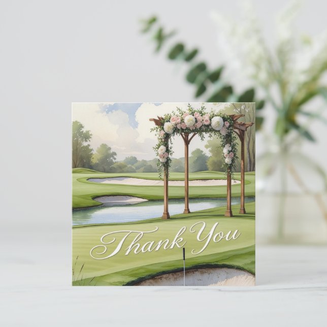 Carte De Remerciements Mariage de golf avec Texte sur le terrain de golf (Debout devant)