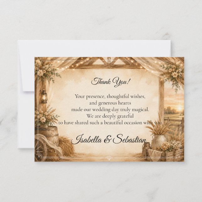 Carte De Remerciements Mariage de grange rustique (Devant)