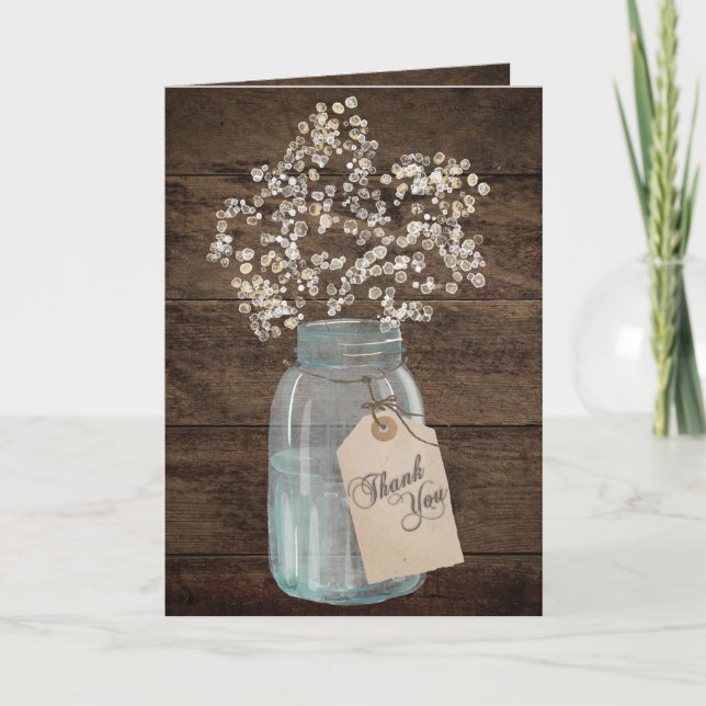 Carte De Remerciements Mariage de grange rustique Bois Mason Jar Baby's B (Devant)