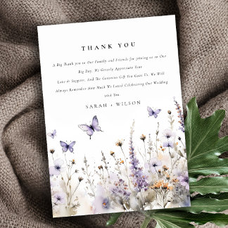Carte De Remerciements Mariage de jardin papillon fleur sauvage lilas dou