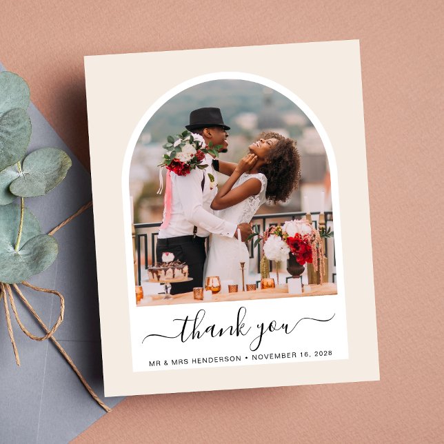 Carte de remerciements Mariage de la crème photo B (Celebrate your love story with a thank you card showcasing your photo in an elegant arch frame)