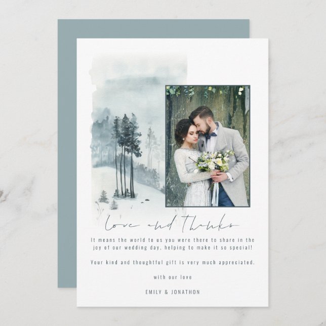Carte De Remerciements Mariage de la Forêt de Neige Photo Love and Thanks (Devant / Derrière)
