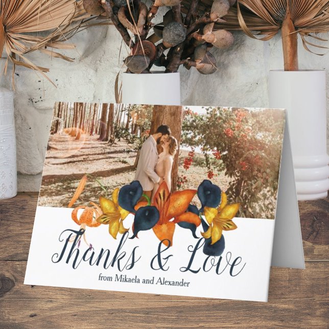 Carte de remerciements Mariage de la Lily de tigre (Fall orange gold navy blue tiger lilies calla lilies wedding thank you card elegant script )