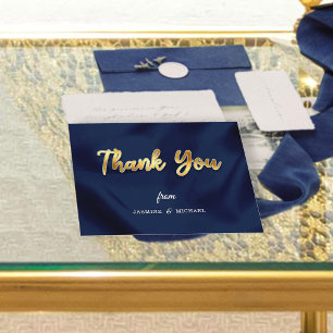 Carte De Remerciements Mariage de luxe simple Marine & Gold Script Classi