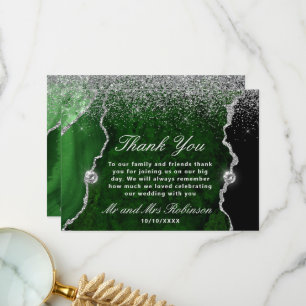 Carte De Remerciements Mariage de marbre d'agate pailleté vert et argent