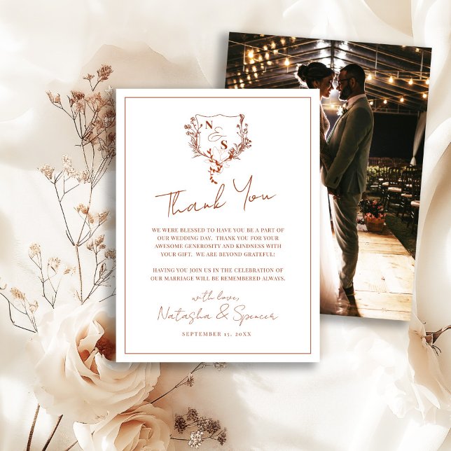 Carte De Remerciements Mariage de monogramme de crête florale rustique (Créateur téléchargé)