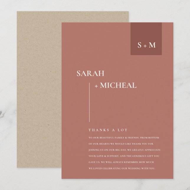 CARTE DE REMERCIEMENTS MARIAGE DE MONOGRAMME DE POUSSIÈRE MINIMAL SCANDI  (Devant / Derrière)