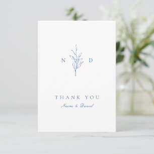 Carte De Remerciements Mariage de monogramme feuille bleu simple